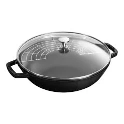 Staub Wok Con Tapa De Cristal 30 Cm, Hierro Fundido, Negro