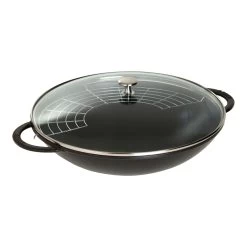 Staub Wok Con Tapa De Cristal 37 Cm, Hierro Fundido, Negro